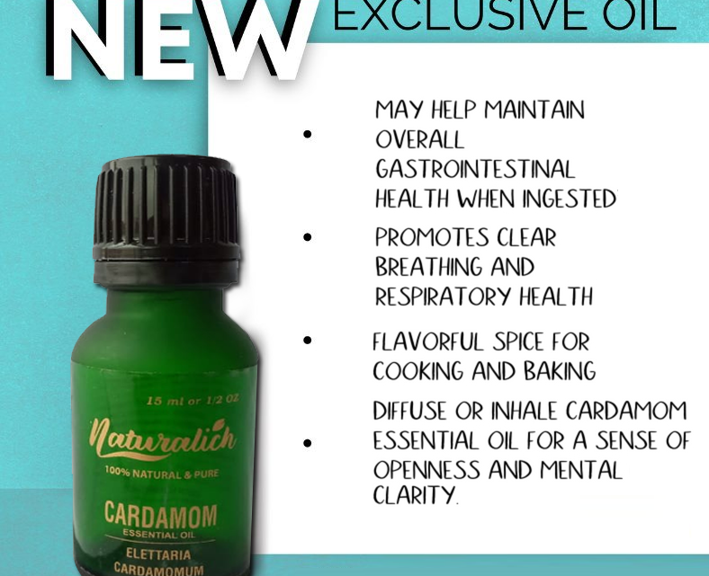 Naturalich Pure Cardamom Essential Oil (Elettaria cardamomum) with Glass Dropper 100% Natural Therapeutic Grade Steam Distilled (15 ml)